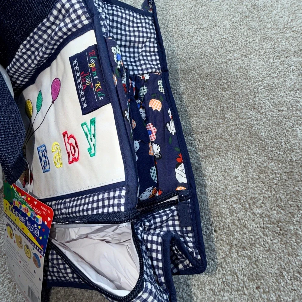 Elegant‎ Kids 2000 Vintage Diaper Bag Navy Gingham Puppy Cat EK22114 NWT USA